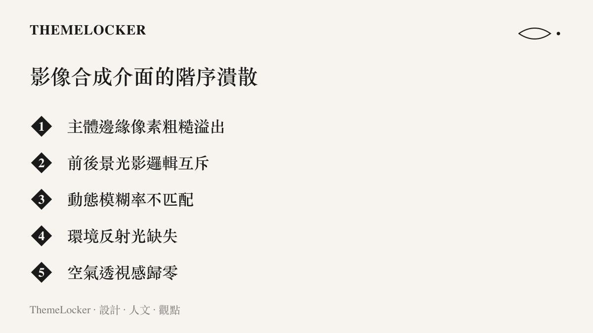 清單圖卡列舉齣數位合成背景與前景人物產生視覺割裂的五項技術缺失
