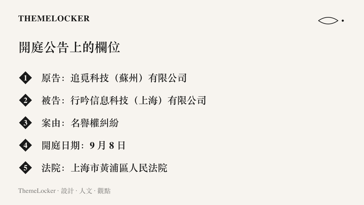 開庭公告的五個欄位內容，列出追覓科技（蘇州）有限公司與行吟信息科技（上海）有限公司兩造名稱、名譽權糾紛案由、9 月 8 日開庭日期與上海市黃浦區人民法院