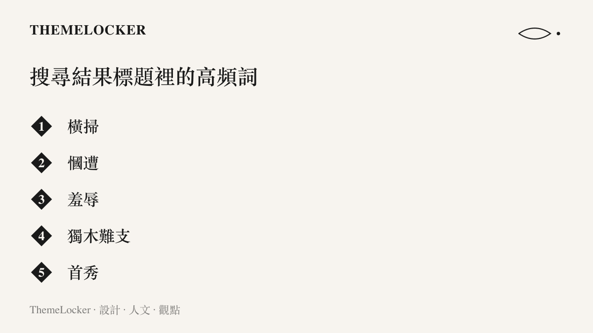 清單圖卡列出 EDG 遭 LOUD 橫掃話題的搜尋結果標題中反覆出現的五個詞：橫掃、慖遭、羞辱、獨木難支、首秀