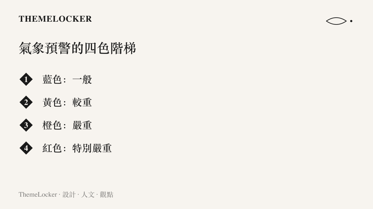 氣象預警信號四色階梯：藍色為一般、黃色為較重、橙色為嚴重、紅色為特別嚴重的遞進排序