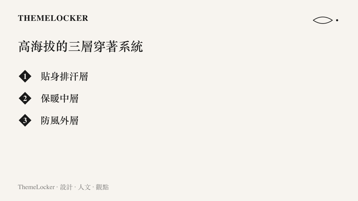 清單圖卡列出高海拔登山的三層穿著系統：負責排出濕氣的貼身層、以羽絨鎖住空氣的保暖中層、抵擋強風與飛雪的防護外層
