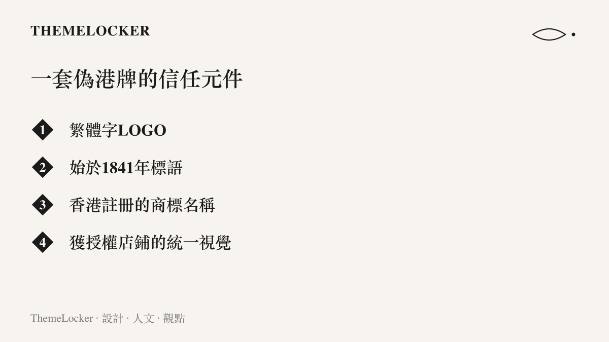 清單圖卡列舉偽造港式藥房品牌建立信任的元件：繁體字商標、始於一八四一年標語、香港註冊的商標名稱與獲授權店鋪的統一視覺