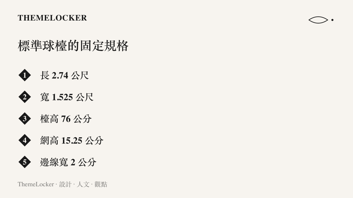 圖卡列出國際標準比賽球檯的五項固定規格：2.74 公尺長、1.525 公尺寬、76 公分高、15.25 公分網高與 2 公分寬的白色邊線