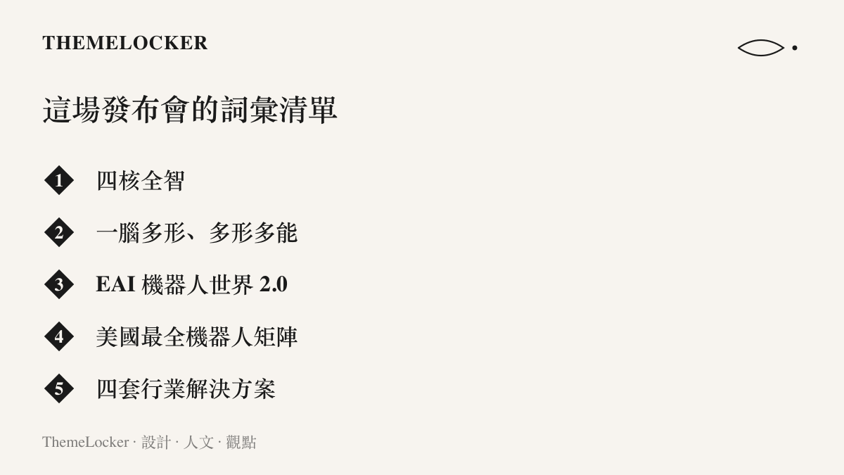 圖卡列舉法拉第未來發布會的五個關鍵詞：四核全智、一腦多形多形多能、EAI 機器人世界 2.0、美國最全機器人矩陣與四套行業解決方案