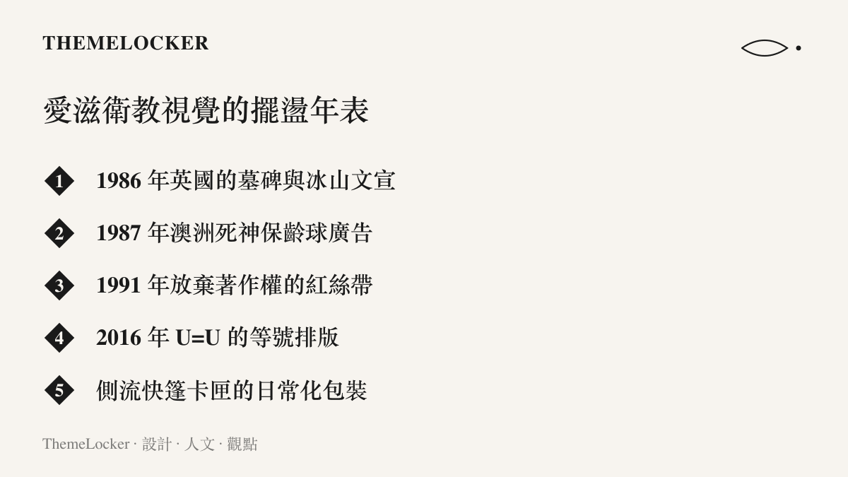 清單按時間列出愛滋衛教設計的演變，從英國墓碑文宣與澳洲死神廣告，到紅絲帶、U=U 等號排版與快篷卡匣包裝