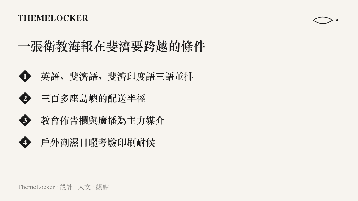 清單列出斐濟衛教傳播的四項設計條件，包括三種官方語言並排、離島配送、教會佈告欄與廣播媒介，以及戶外印刷的耐候考驗