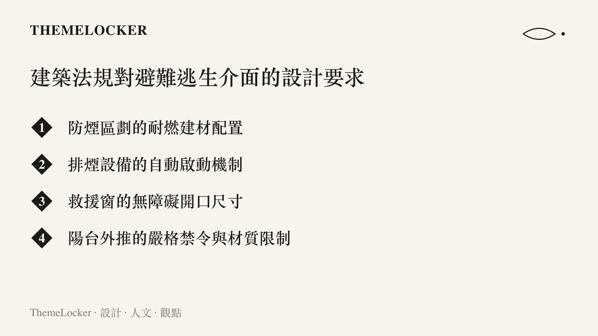 列舉現代建築法規針對火災避難逃生在建材、排煙與開口介面上的設計要求。