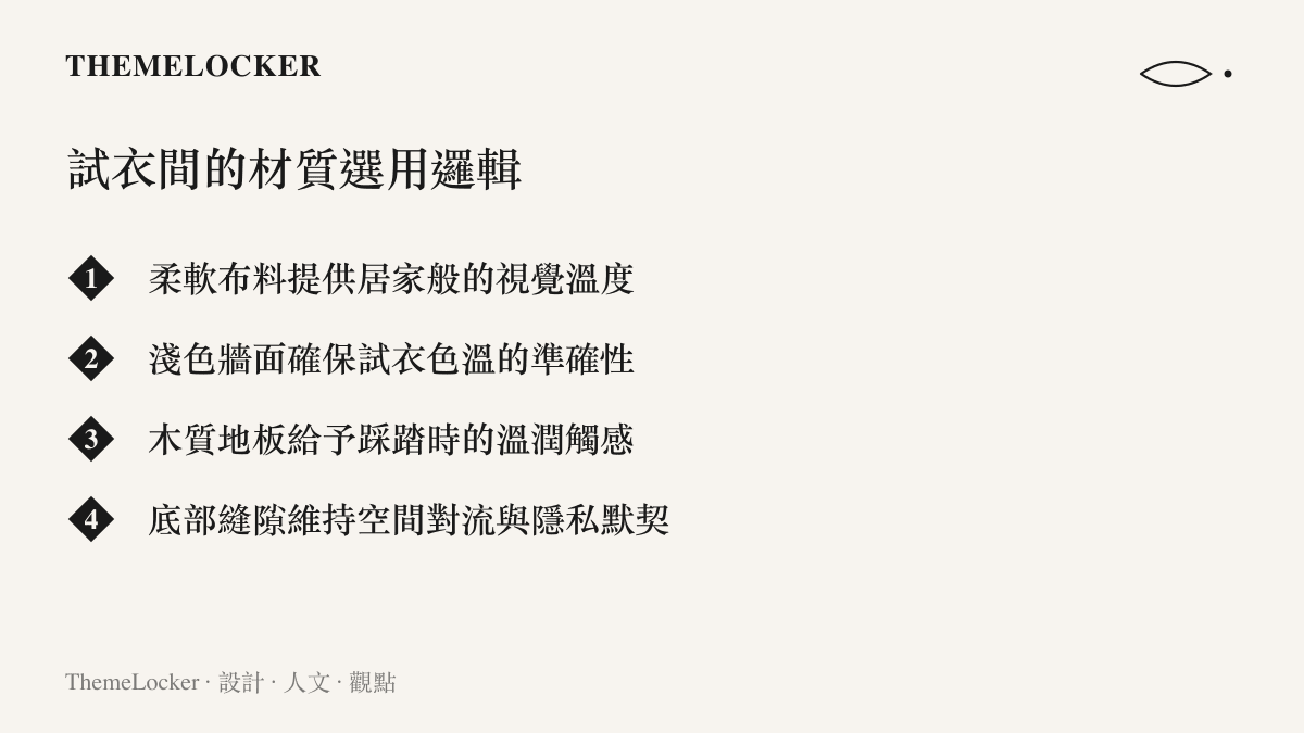 條列式圖卡呈現試衣間內部布料、牆面與木質地板等材質選用的視覺與功能邏輯