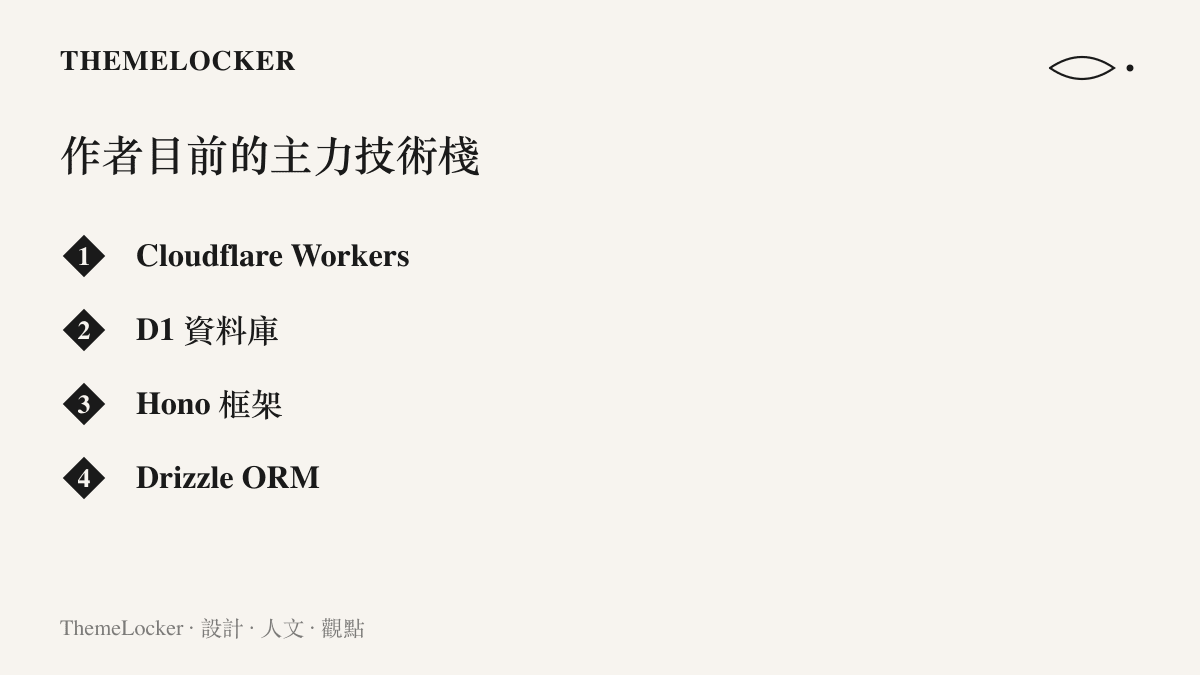 清單列出作者目前的全端主力組合：Cloudflare Workers、D1 資料庫、Hono 框架與 Drizzle ORM