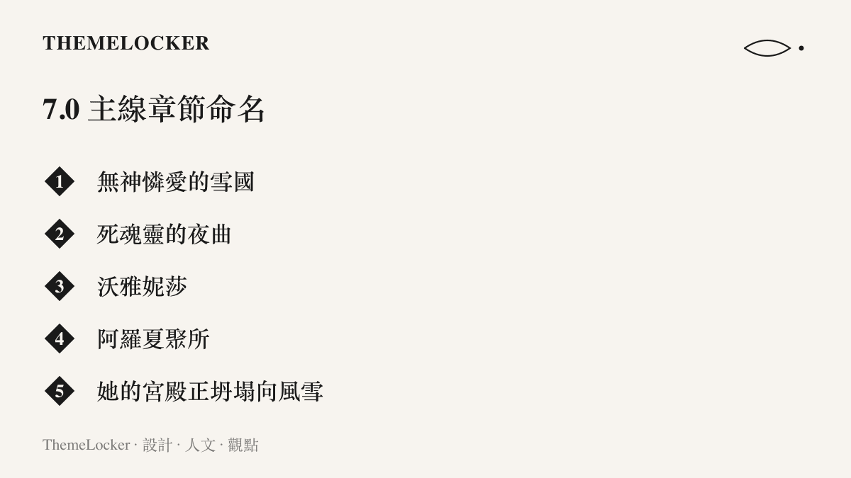 清單圖列出原神 7.0 至冬主線的五個劇情段落名稱，從無神憐愛的雪國、死魂靈的夜曲到她的宮殿正坍塌向風雪