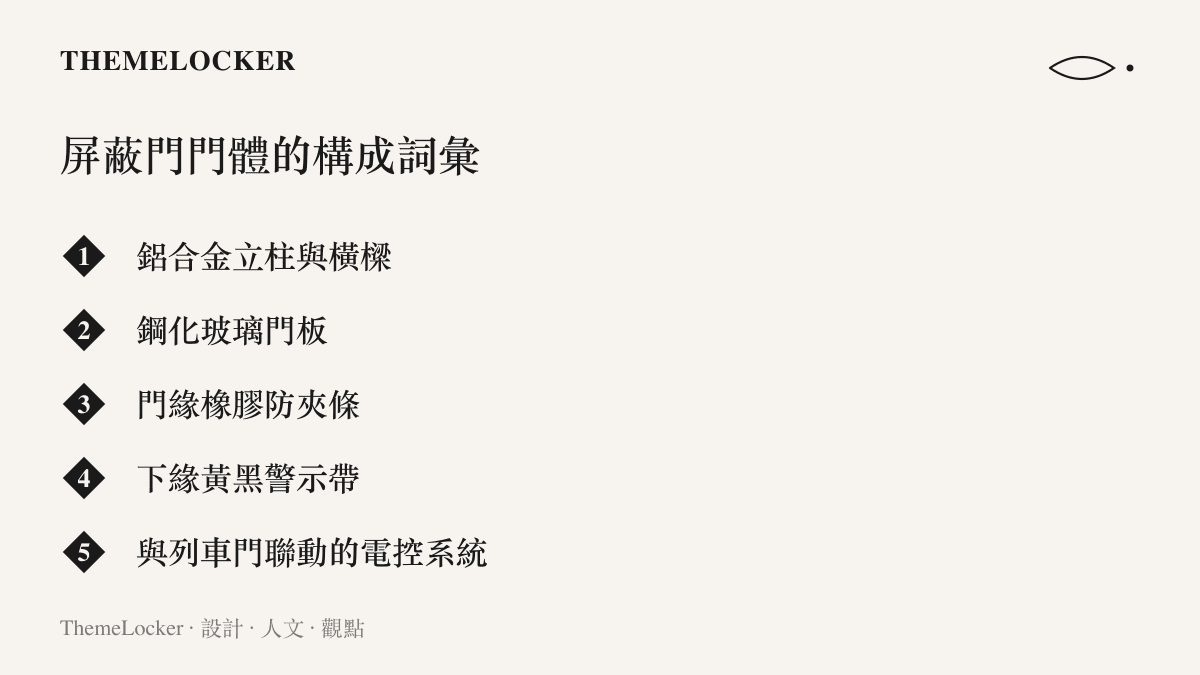 清單圖列出一道地鐵屏蔽門的五個構造層次，從鋁合金骨架、鋼化玻璃門板、橡膠防夾條、黃黑警示帶到與列車門聯動的電控系統