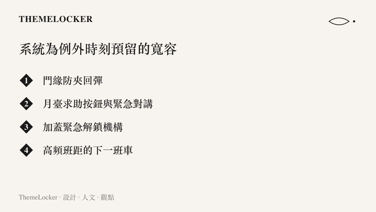 清單圖列出地鐵系統為突發狀況預留的四道保險，包含防夾回彈機制、月臺求助按鈕、緊急解鎖機構與密集班次提供的替代選項