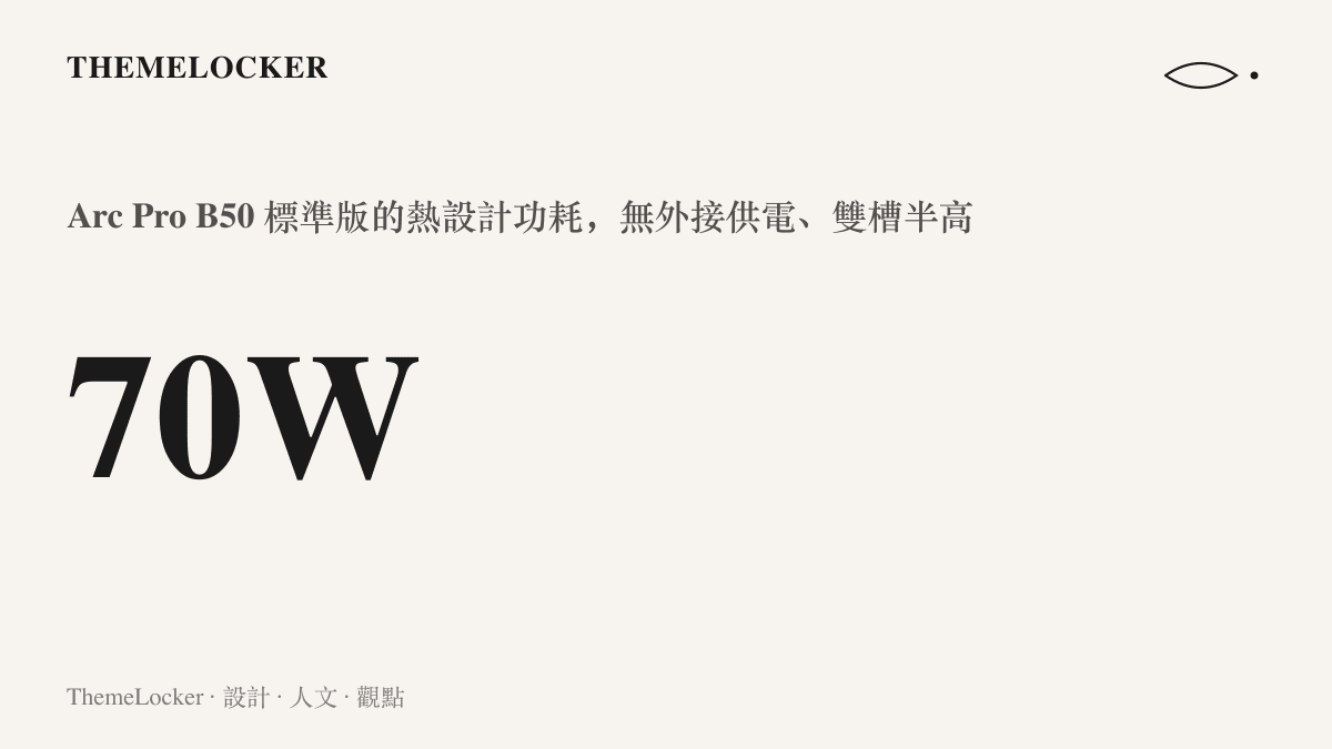 統計圖卡標示英特爾 Arc Pro B50 工作站顯示卡的熱設計功耗為 70W，不需外接供電線且採雙槽半高身形