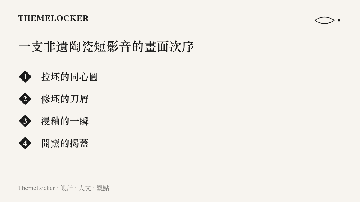 一支非遺陶瓷短影音常見的四段畫面次序，依序是拉坯的同心圓、修坯的刀屑、浸釉的一瞬與開窯的揭蓋