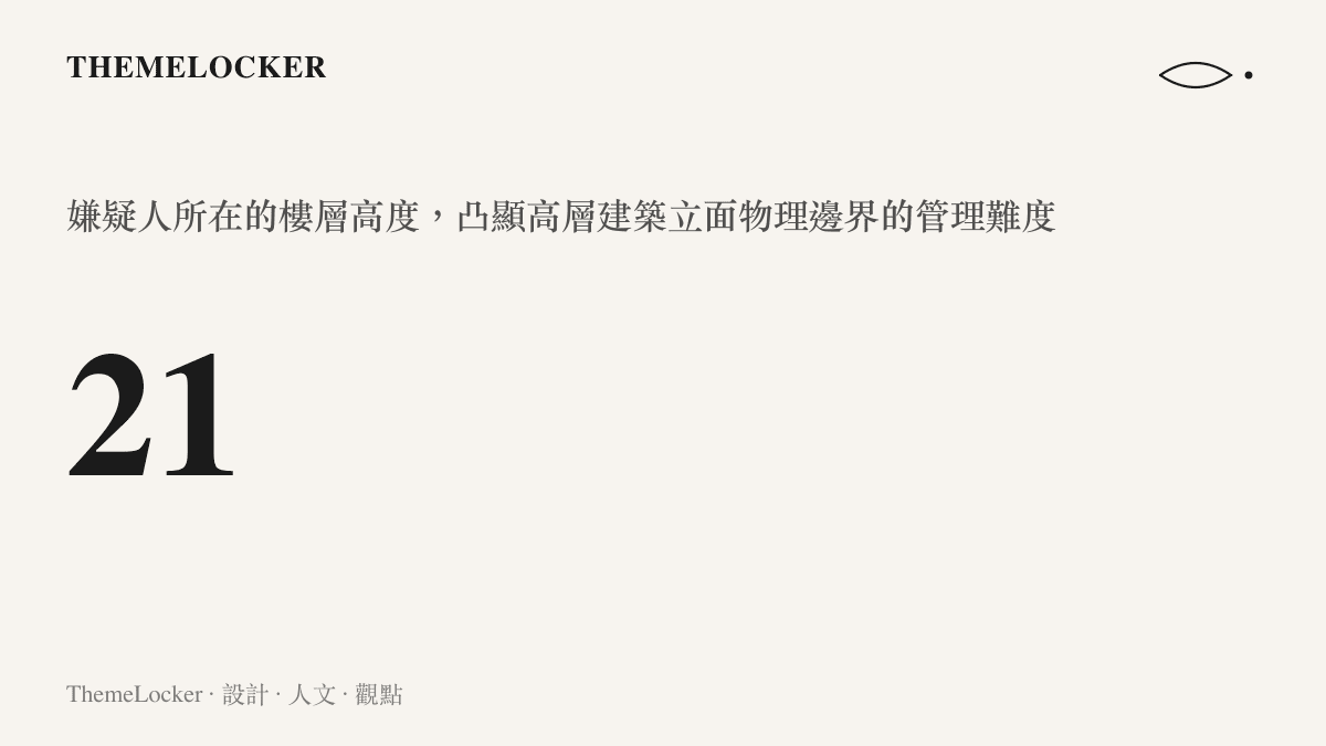 統計數據圖卡顯示嫌疑人位於二十一樓的高層位置，說明垂直高度對物理邊界管控的影響。