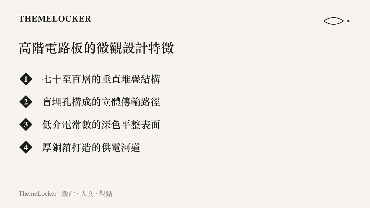 圖卡列舉高階電路板的四項微觀設計特徵，包含多層堆疊、盲埋孔、低介電表面與厚銅箔供電層