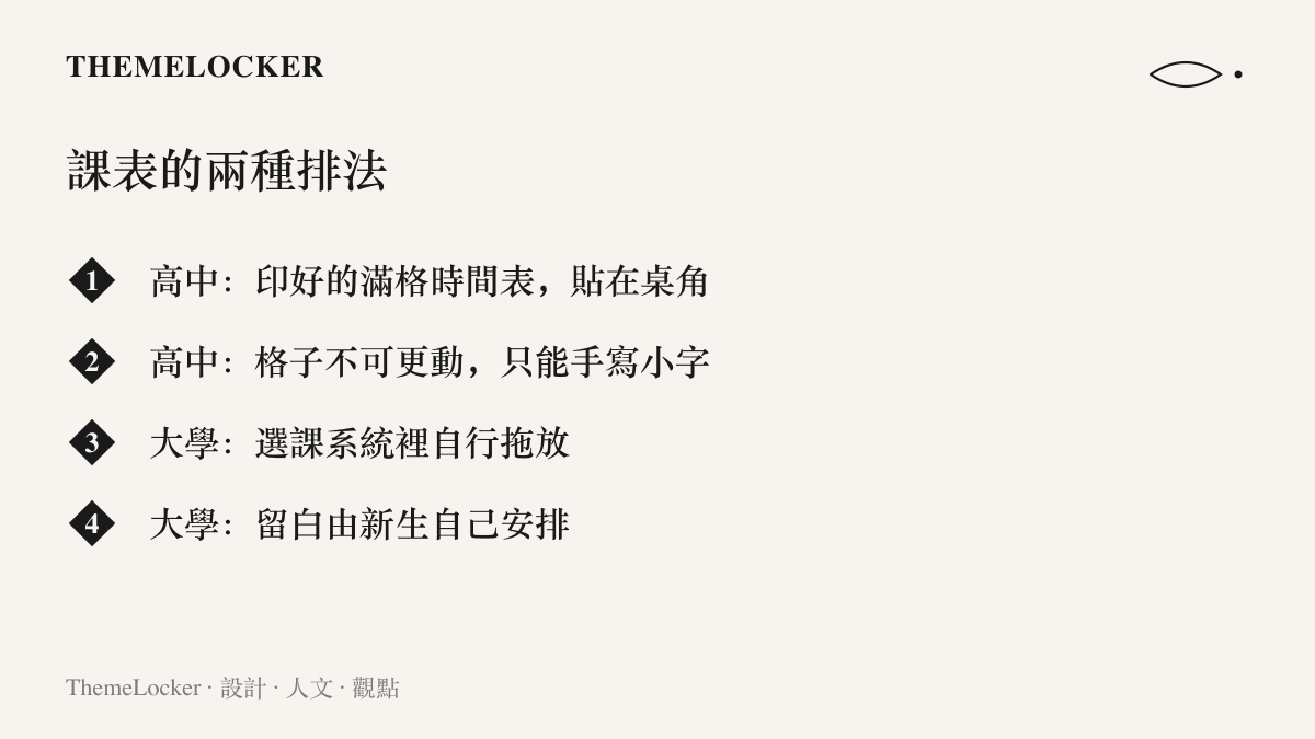清單圖卡列出高中與大學課表的排版對照，高中是印好貼在桌角且無法更動的滿格時間表，大學是在選課系統裡自行拖放並保留空格的版面