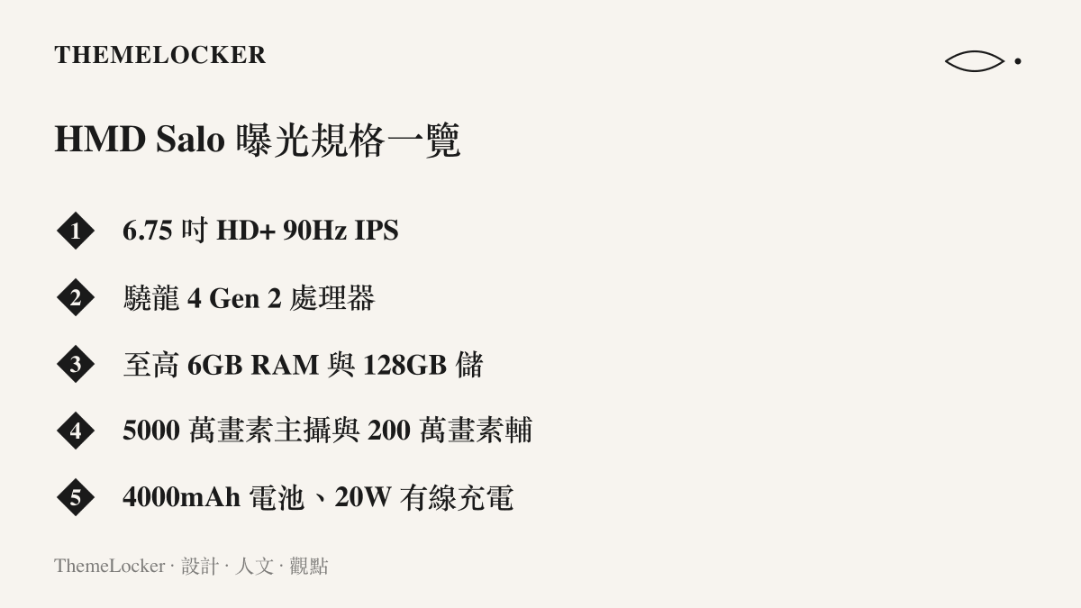 清單圖卡列出 HMD Salo 曝光的五項硬體規格，涵蓋螢幕面板、處理器、記憶體與儲存空間、前後相機以及電池與充電配置