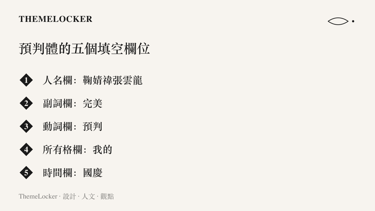 預判體造句模板拆成五個欄位，人名欄填兩位演員，副詞欄填完美，動詞欄填預判，所有格欄填我的，時間欄填國慶
