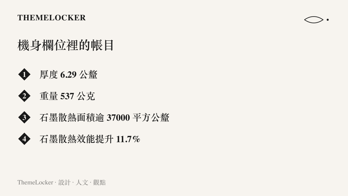清單圖卡列出榮耀 MagicPad 4 的機身厚度 6.29 公釐、重量 537 公克、石墨散熱面積超過三萬七千平方公釐，以及石墨散熱效能提升百分之十一點七等規格