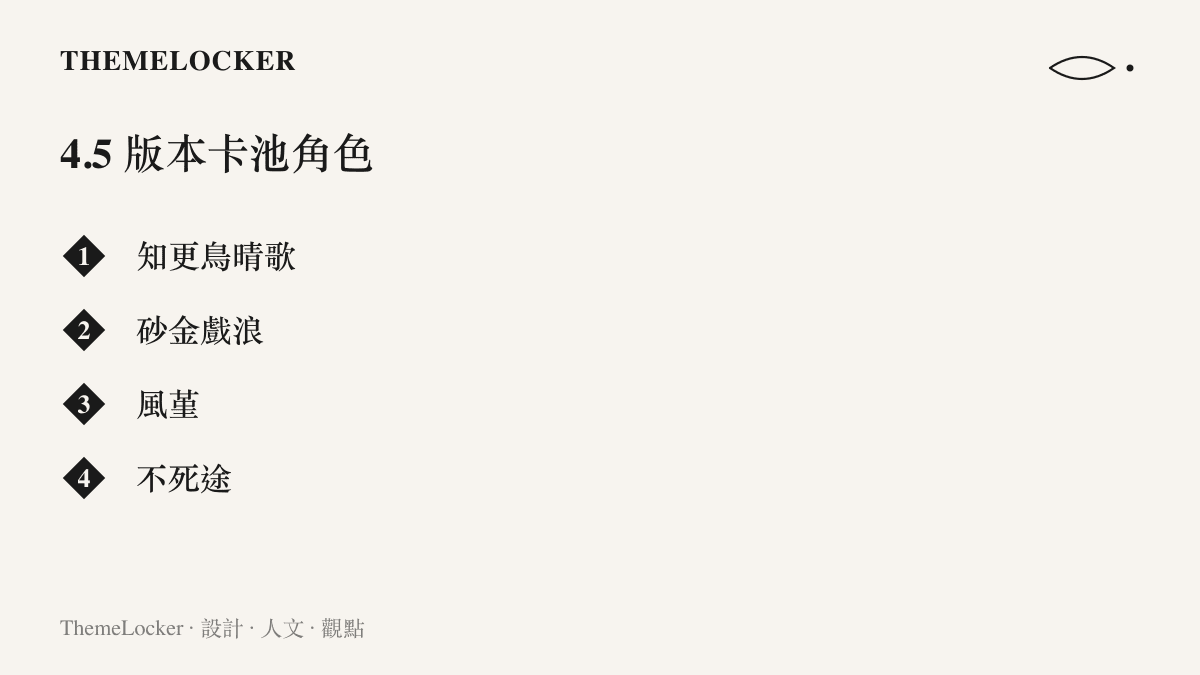 圖卡列出《崩壞：星穹鐵道》4.5 版本卡池的四名角色：知更鳥晴歌、砂金戲浪、風堇與不死途，前兩位為既有角色的全新形態
