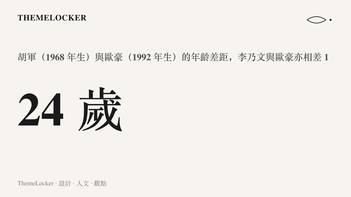統計圖卡呈現胡軍與歐豪相差二十四歲的出生年差距，並標註李乃文與歐豪相差十八歲，說明紅毯護送隊形中站中間者其實是輩分最小的世代