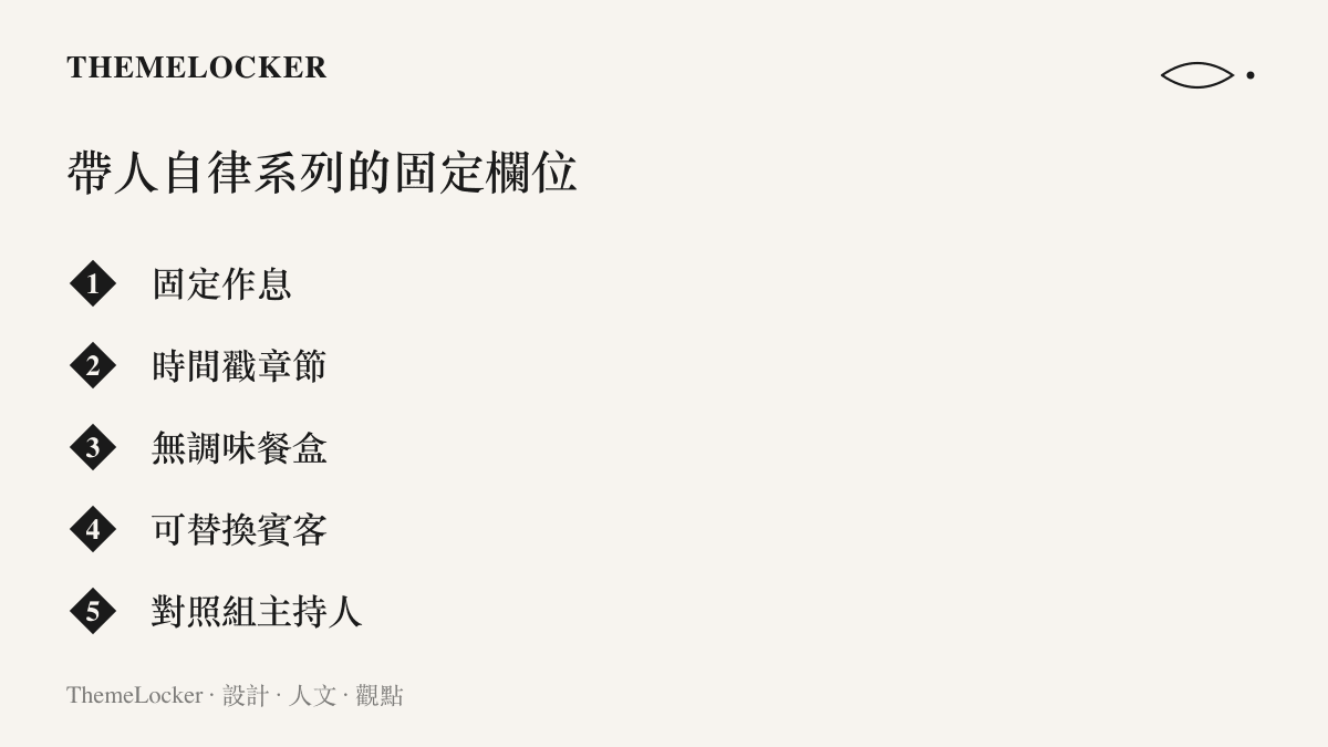 清單圖卡列出帶人自律系列影片的五個固定欄位：固定作息、時間戳章節、無調味餐盒、可替換賓客與對照組主持人