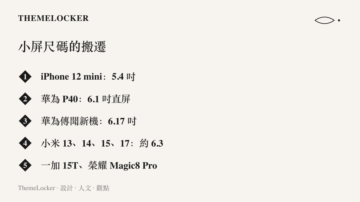 清單圖卡列出歷年小屏手機的螢幕尺碼，從 iPhone 12 mini 的 5.4 吋搬到國產陣營的 6.3 吋，華為傳聞新機落在 6.17 吋
