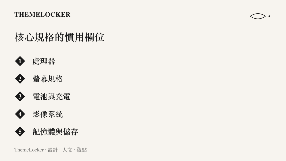 清單圖卡列出旗艦手機核心配置曝光時慣用處理的五類規格欄位，包含處理器、螢幕、電池充電、影像系統與記憶體儲存