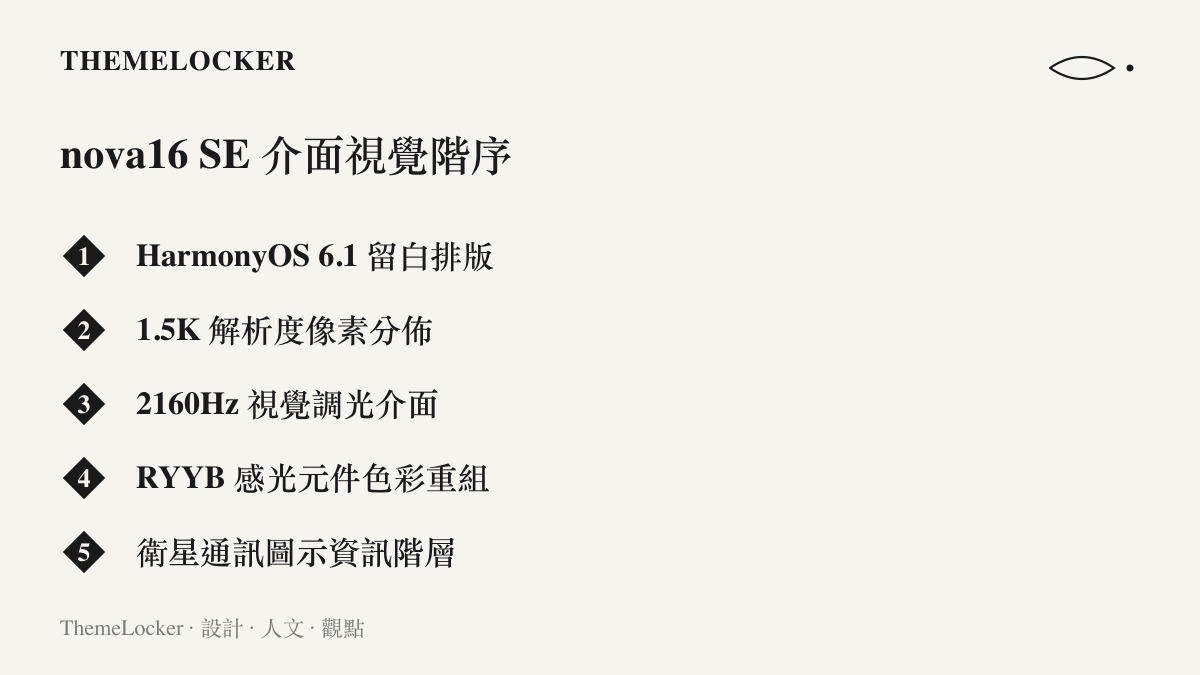 華為 nova16 SE 手機在作業系統與硬體介面上包含的五項視覺排版與資訊階序特徵