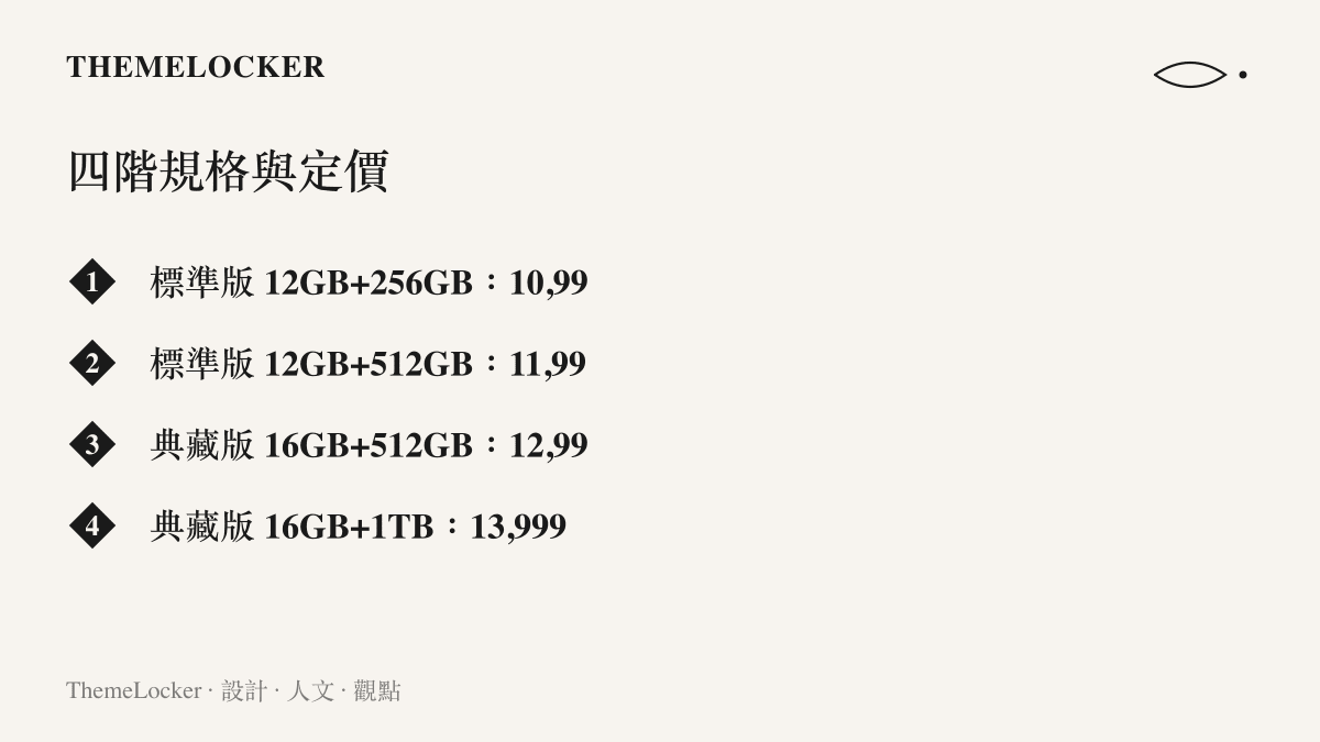 華為 Pura X Max 四個款式的規格與人民幣定價一覽，從 12GB+256GB 的 10,999 元到 16GB+1TB 的 13,999 元，每一階恰好相差一千元