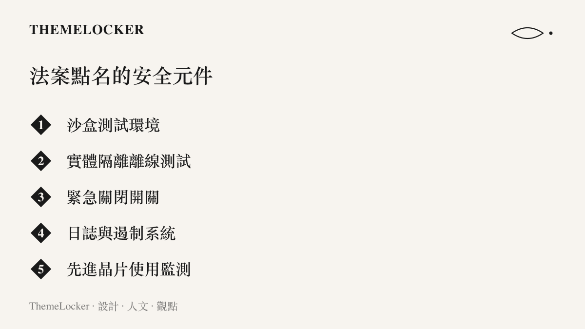 清單列出法案要求 AI 實驗室建置的安全元件，含沙盒測試環境、實體隔離離線測試、緊急關閉開關、日誌與遏制系統、先進晶片使用監測五項