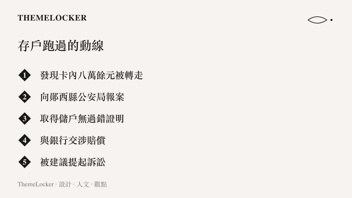清單圖卡列出存戶處理盜刷爭議的五個步驟，從發現轉帳、向鄖西縣公安局報案取證，到被建議走訴訟途徑