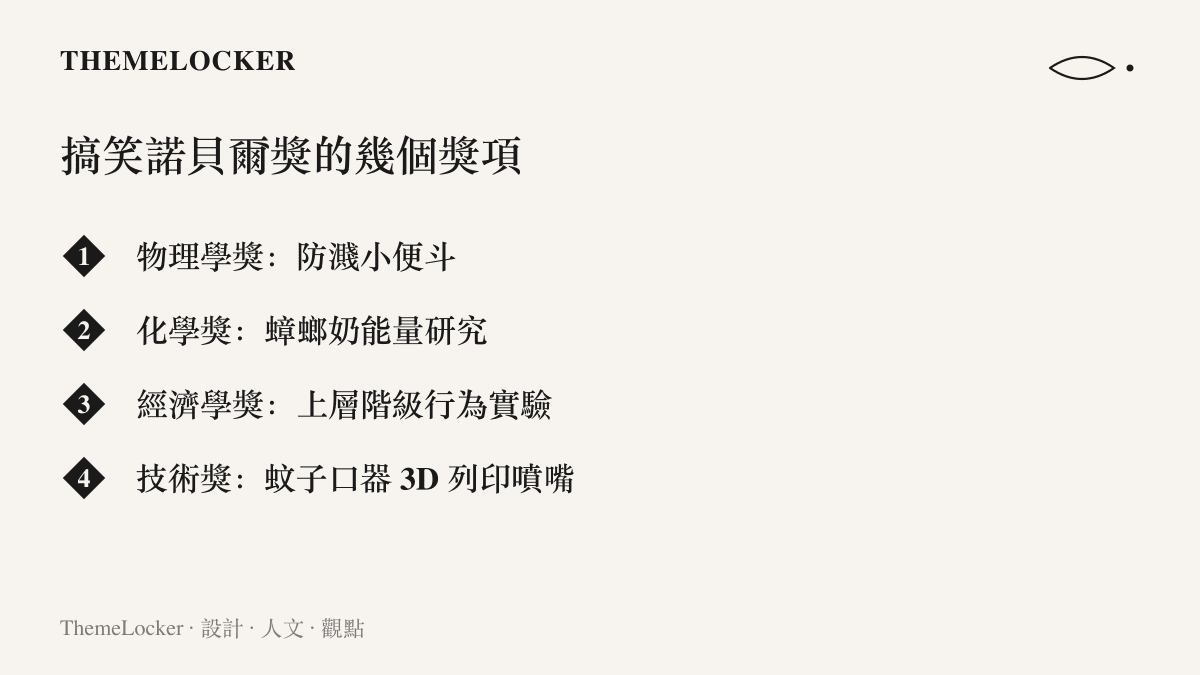 清單圖列出第 36 屆搞笑諾貝爾獎四個獎項的得獎研究，包含防濺小便鬥、蟑螂奶能量研究、上層階級行為實驗與蚊子口器 3D 列印噴嘴