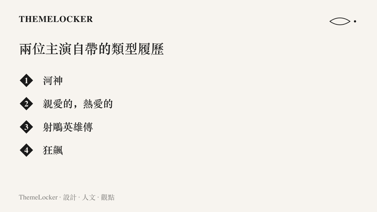 畫面列出河神與親愛的熱愛的兩部李現作品，以及射鵰英雄傳與狂飆兩部李一桐作品，標示兩位主演的代表作出處