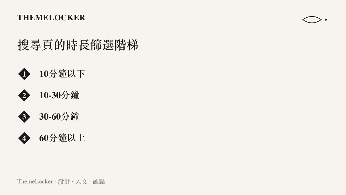 清單圖卡列出B站搜尋頁提供的四檔影片時長篩選，從十分鐘以下到六十分鐘以上