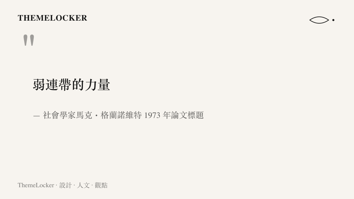 引言圖卡呈現社會學家格蘭諾維特 1973 年論文的標題《弱連帶的力量》，點出泛泛之交在傳遞新資訊與新機會上的價值