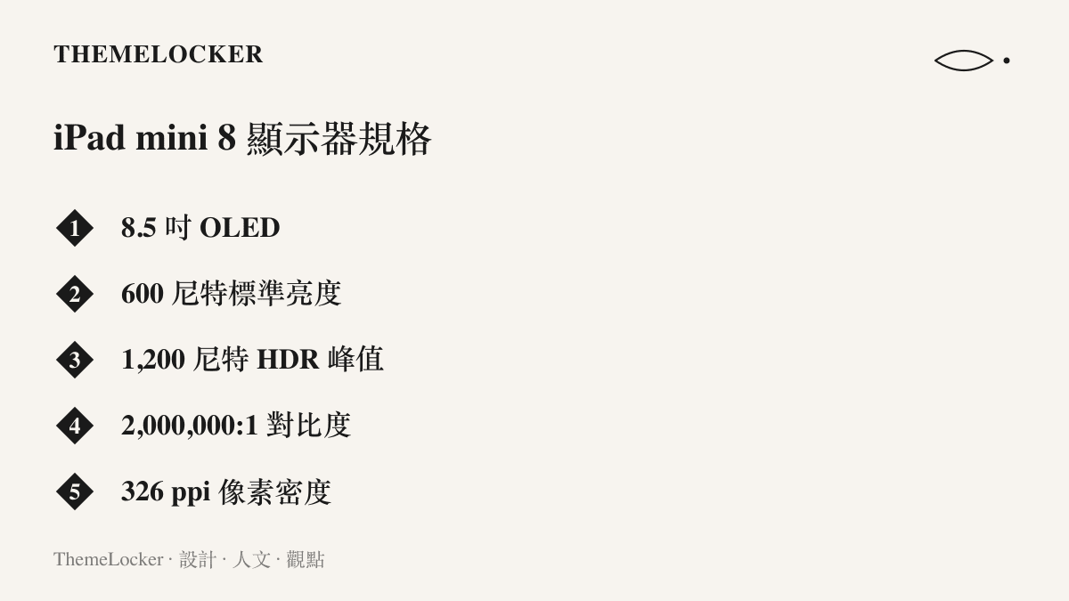 iPad mini 8 顯示器規格整理，涵蓋 8.5 吋 OLED 面板、600 尼特標準亮度、1200 尼特 HDR 峯值、兩百萬比一對比度與 326 ppi 像素密度