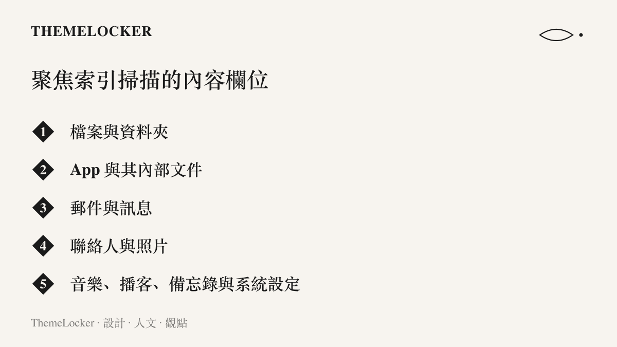 清單圖列出手機內被聚焦索引逐一掃描建檔的內容範圍，涵蓋檔案、App、郵件、訊息、照片、音樂、備忘錄與系統設定