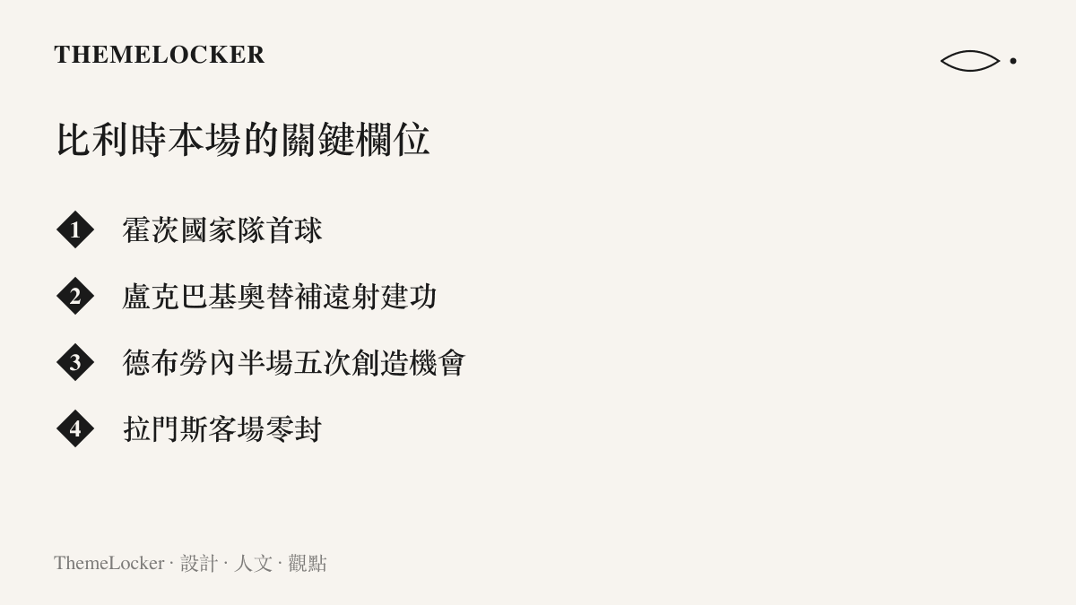 清單圖卡列出比利時隊本場四項關鍵表現：霍茨國家隊首球、盧克巴基奧替補遠射建功、德布勞內半場五次創造機會與拉門斯的客場零封