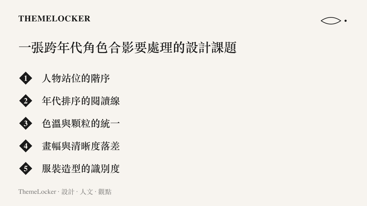清單圖列出合成一張跨年代角色大合影必須處理的五個設計課題：站位階序、年代排序、色溫統一、畫幅落差與服裝識別