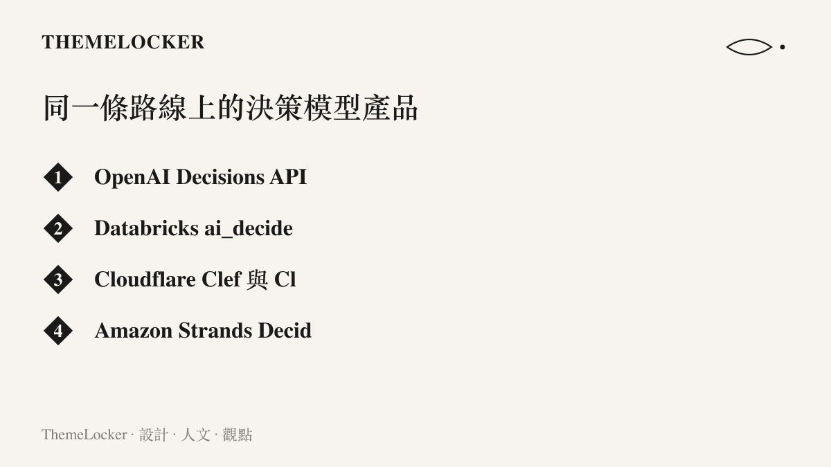 清單圖卡列出與 Jev 同路線的四項決策模型產品：OpenAI 的 Decisions API、Databricks 的 ai_decide、Cloudflare 的 Clef 系列，以及 Amazon 的 Strands Decider 2B