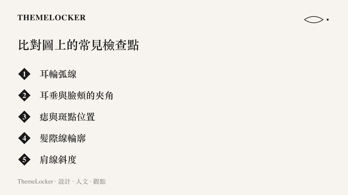 清單圖列出身分比對圖上常見的五個檢查點：耳輪弧線、耳垂與臉頰的夾角、痣與斑點位置、髮際線輪廓與肩線斜度
