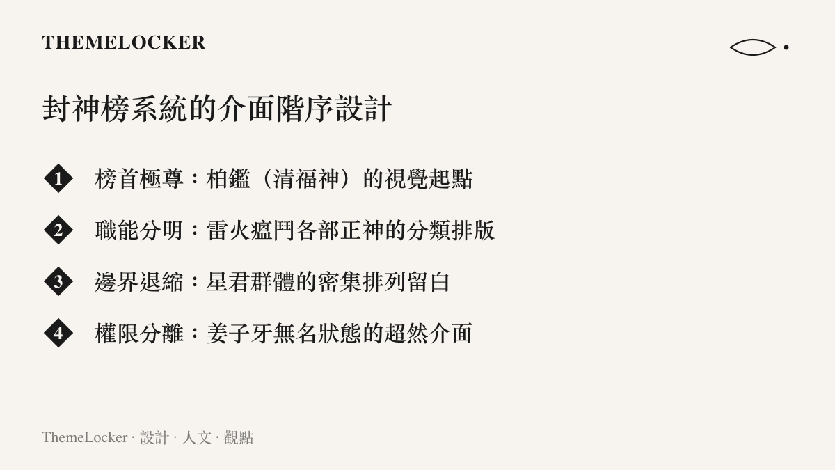 清單列出封神榜中介面階序的四個層次，從榜首的視覺起點到姜子牙超然的無名狀態