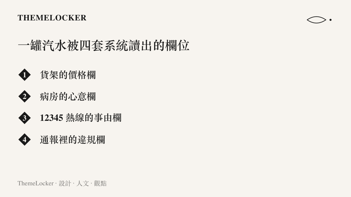 清單圖卡列出同一罐汽水依序被零售結帳、病房贈禮、一二三四五檢舉熱線與醫院懲處四套系統讀出的四種欄位名稱