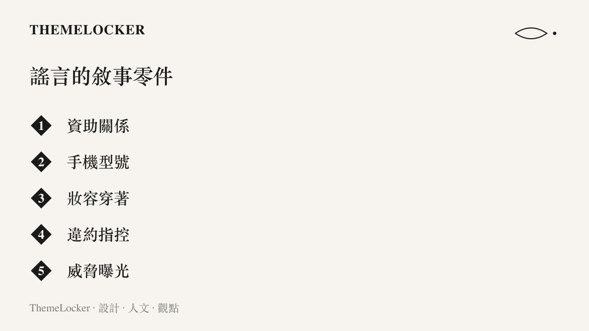 清單圖卡列出構成這則資助謠言的五個敘事零件：資助關係、手機型號、妝容穿著、違約指控與威脅曝光