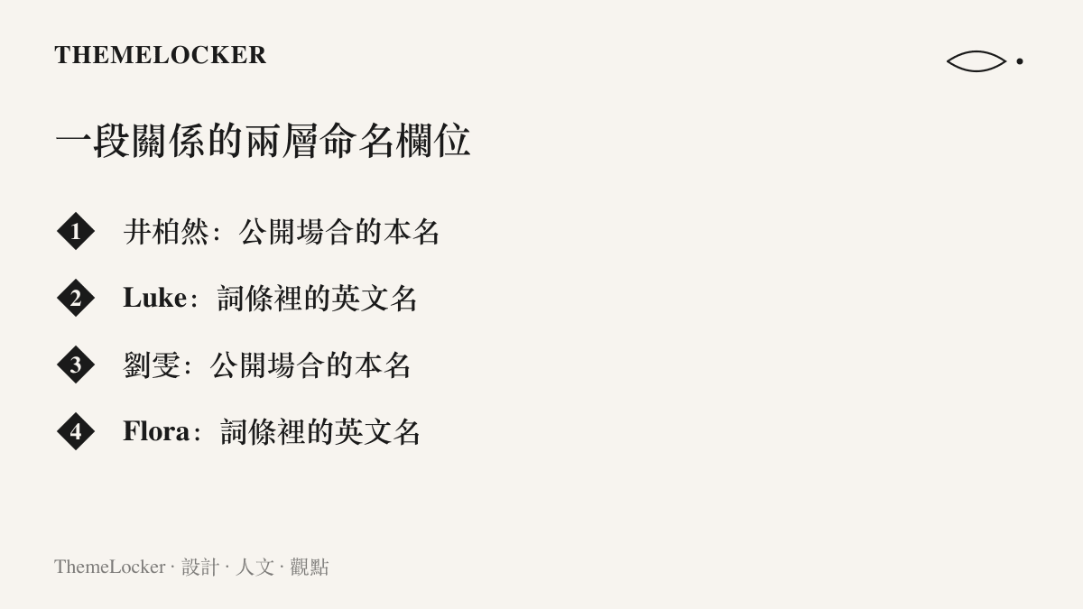 文字欄位列出井柏然對應 Luke、劉雯對應 Flora 的兩組命名對照，呈現同一段關係在本名與英文名兩套系統裡的並列排列
