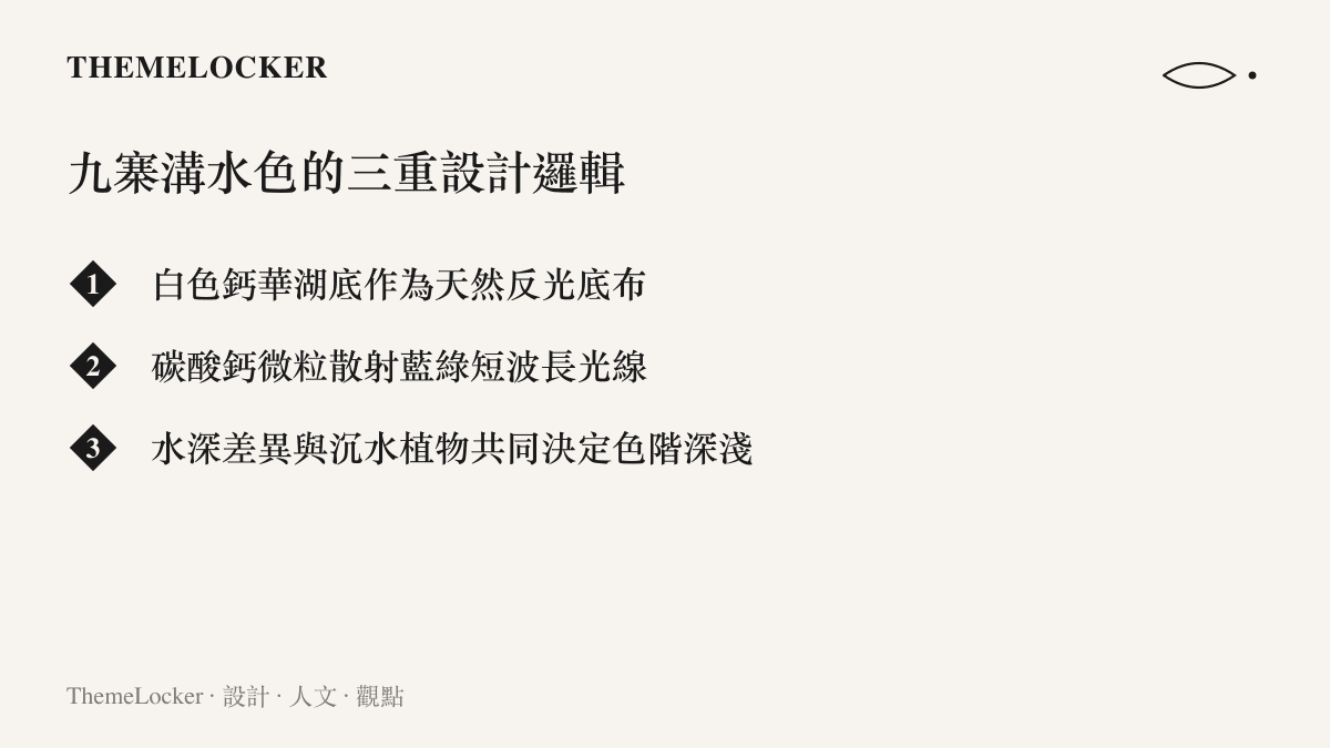 九寨溝湖水呈現斑斕色彩的三個成因條列：白色鈣華底、微粒散射、水深與植物影響
