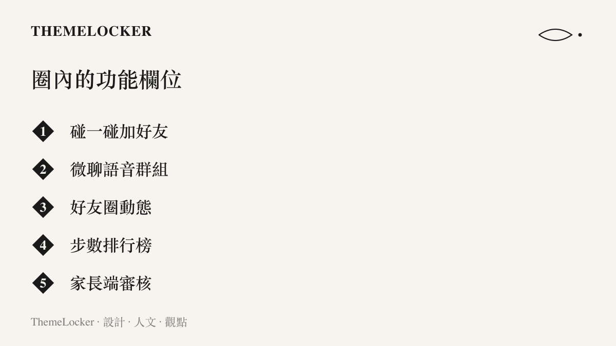 清單圖卡列出兒童手錶封閉社交圈內的五個功能欄位：碰一碰加好友、微聊語音羣組、好友圈動態、步數排行榜與家長端審核