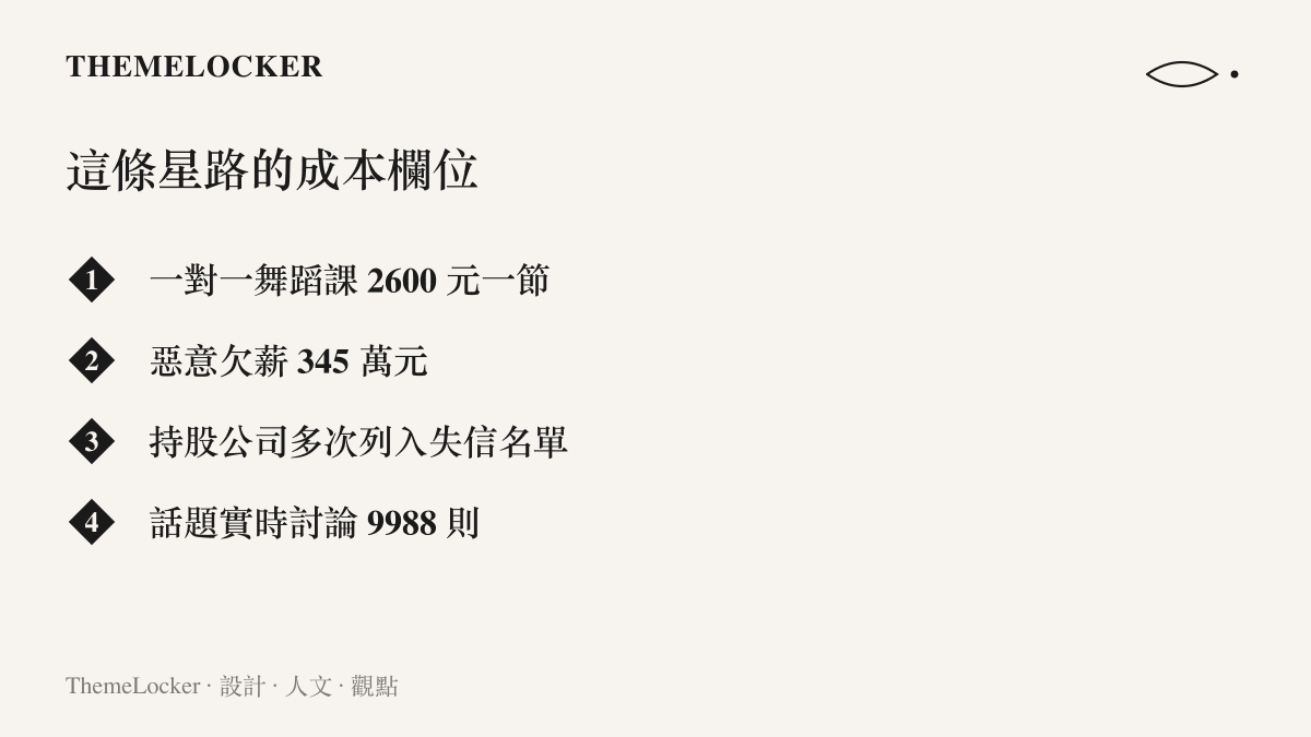 清單圖卡列出一對一舞蹈課兩千六百元、惡意欠薪三百四十五萬元、失信名單紀錄與九千九百八十八則討論等爭議欄位